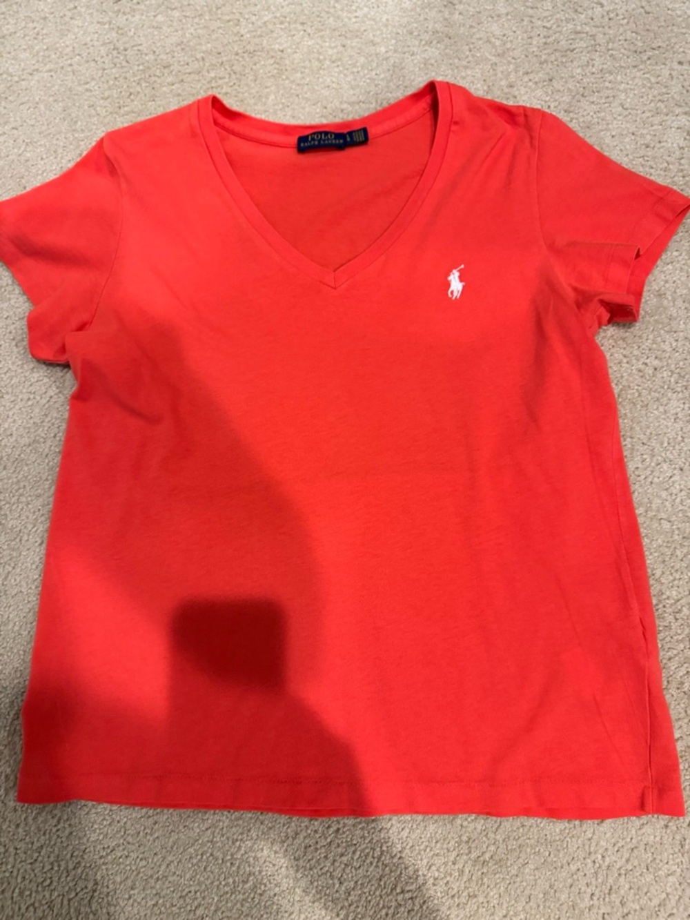 Ralph Lauren Women's V-Neck Tee in Coral Red with White Pony